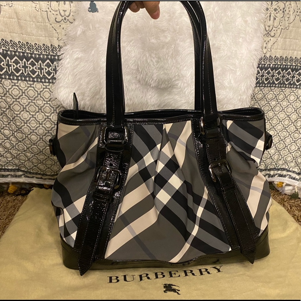 Burberry Grey/Black Leather and Canvas Tote